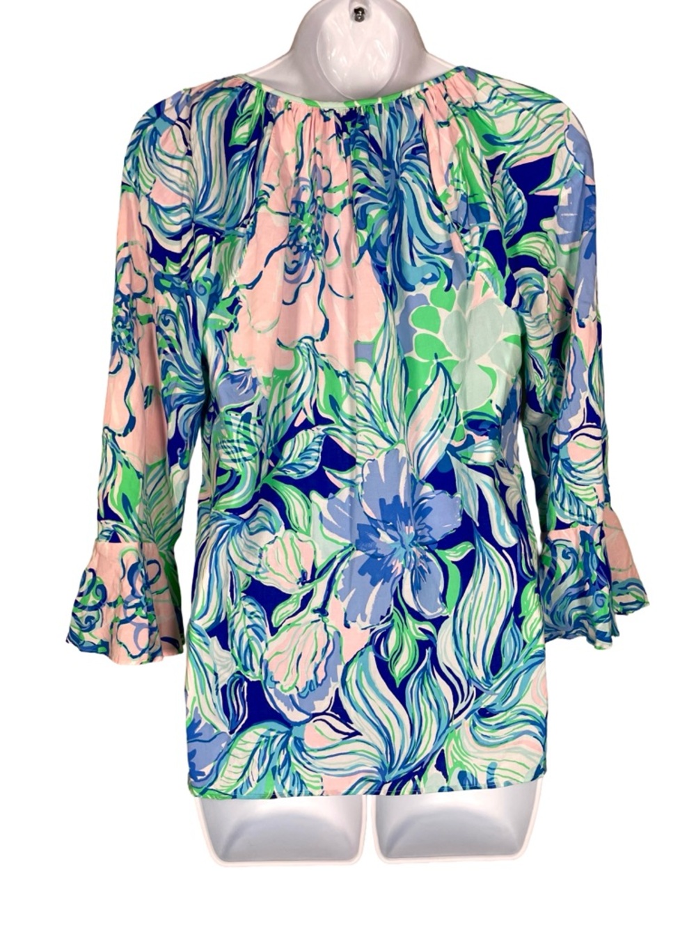 Lilly Pulitzer Willa Top XS Blue Pink Floral Flounce Sleeve Blouse - Picture 5 of 7